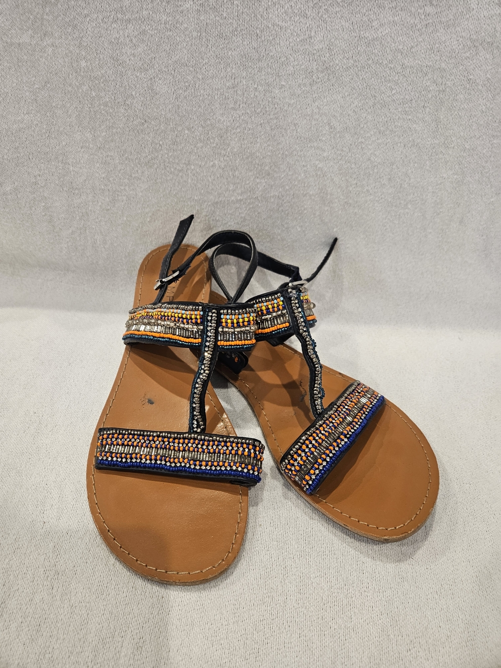 Rampage Beaded Black Strappy Sandals with Tan Footbed 8